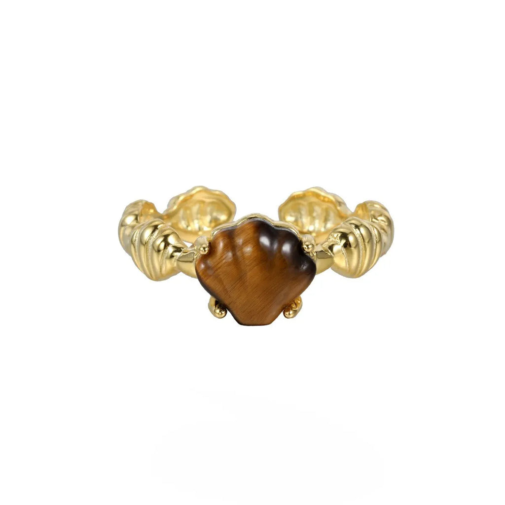 Women's adjustable silver ring featuring a shell tiger eye gemstone in a white gold electroplated finish.