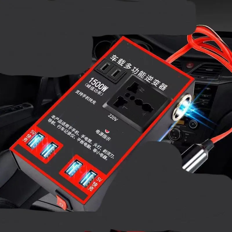 Black automotive power converter converting 12V 24V vehicle power to 220V with UK socket and USB ports