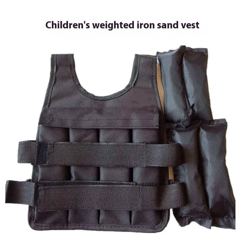 Child wearing an adjustable voile fabric sand weight vest for fitness training.