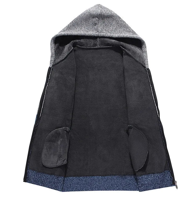 Casual men's hooded plus fleece warm sweater cardigan in colour-block design, front view, on a plain background.