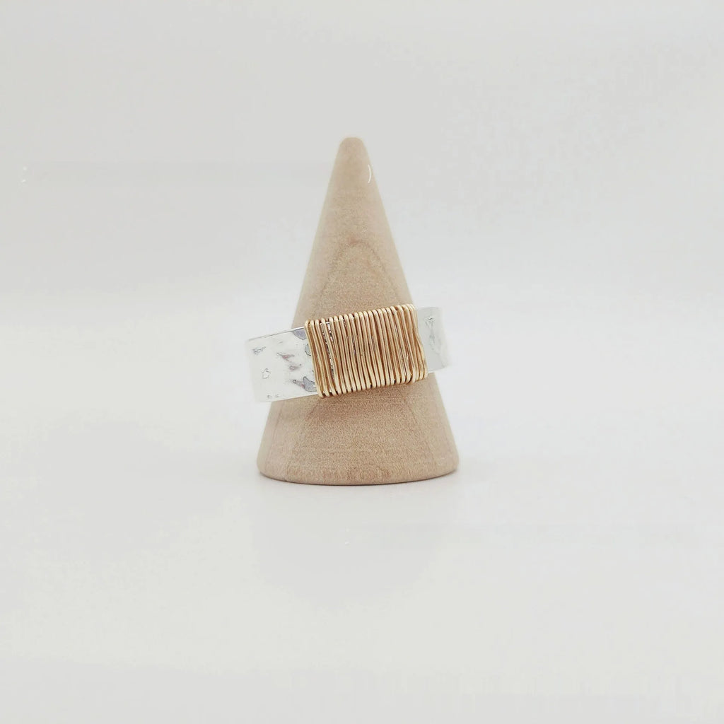 Copper wide face ring bracelet with geometric vintage coil design in silver gold colour.