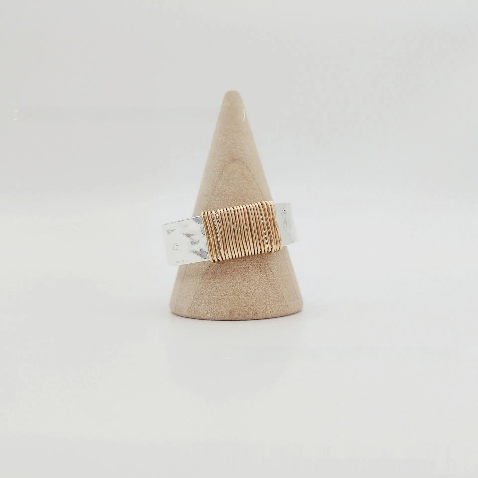 Copper wide face ring bracelet with geometric vintage coil design in silver gold colour.