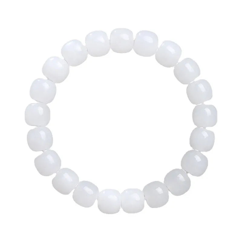 White Hetian jade barrel beads bracelet laid flat, showing bead sizes 5x6mm, 7x8mm, and 8x10mm.