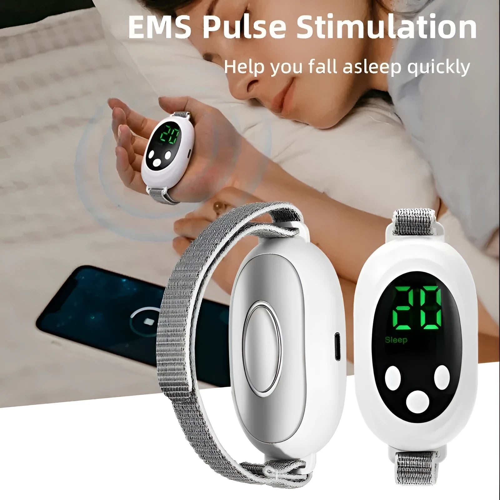 White insomnia help device with sleep bracelet, handheld remote control, and USB charging cable