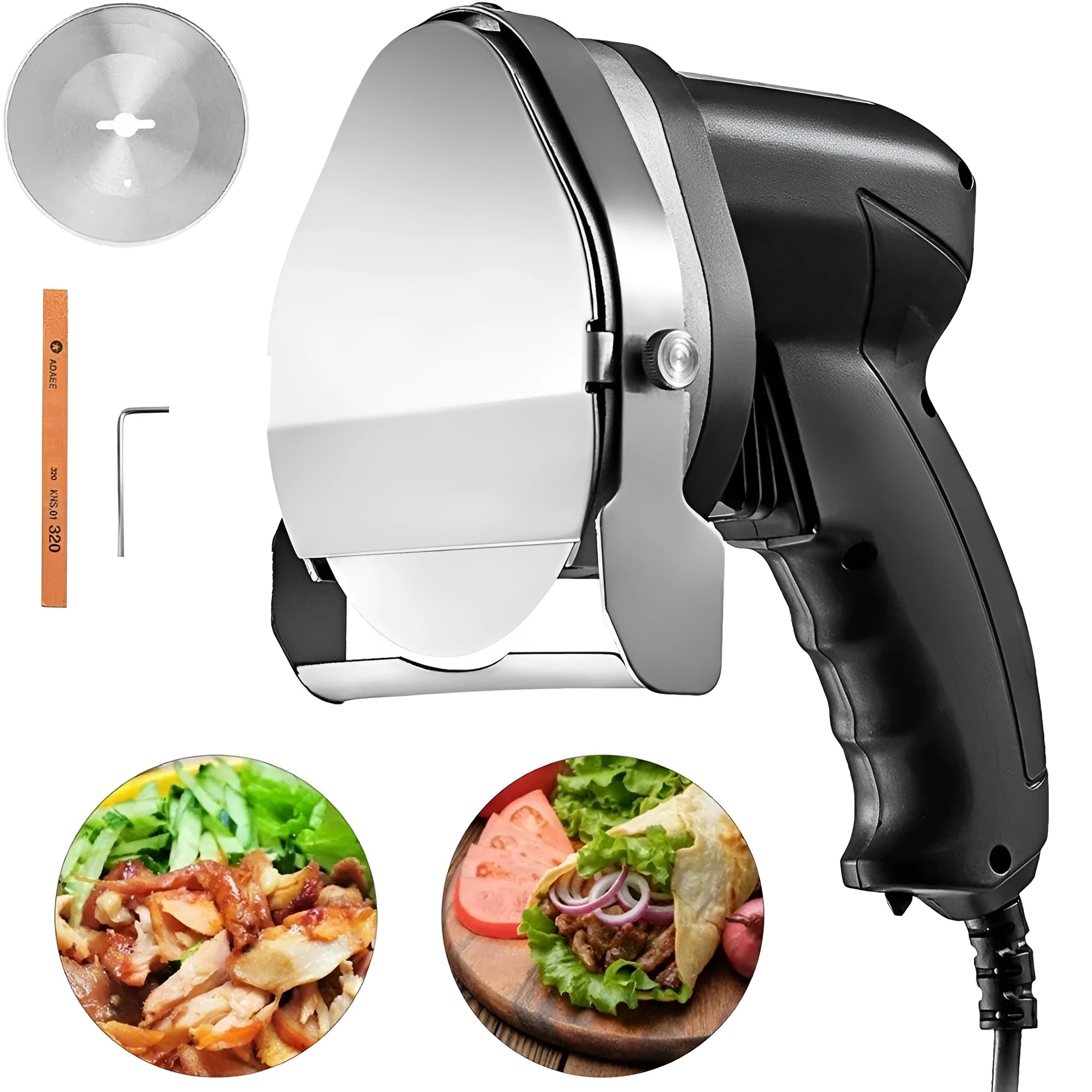 Black manual meat cleaver with adjustable blade for an electric turkey barbecue machine.
