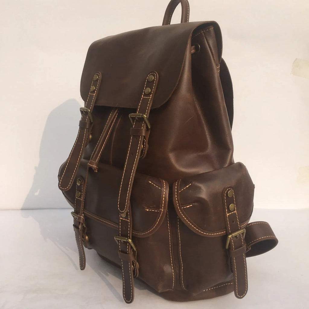 Brown genuine leather men's backpack with air pillow belt system