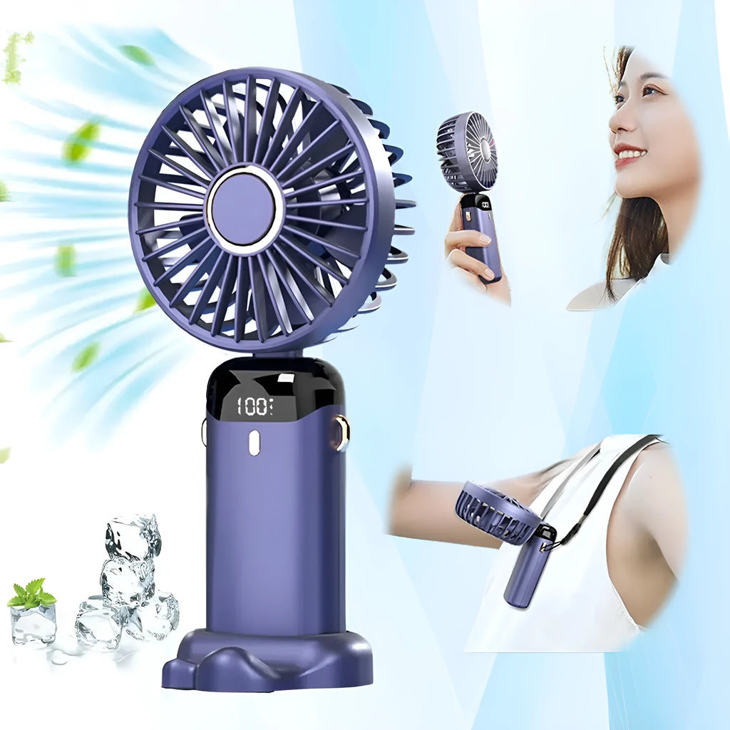 Mini portable handheld electric fan in blue with foldable design and LED battery display