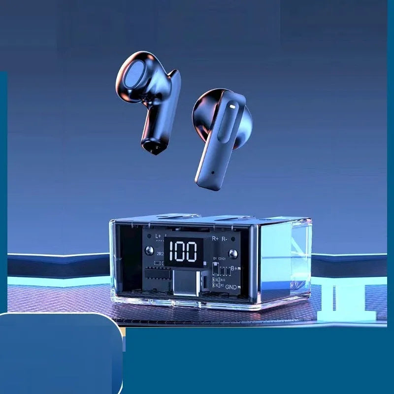 Transparent space capsule case containing white Bluetooth earbuds with a digital battery display.