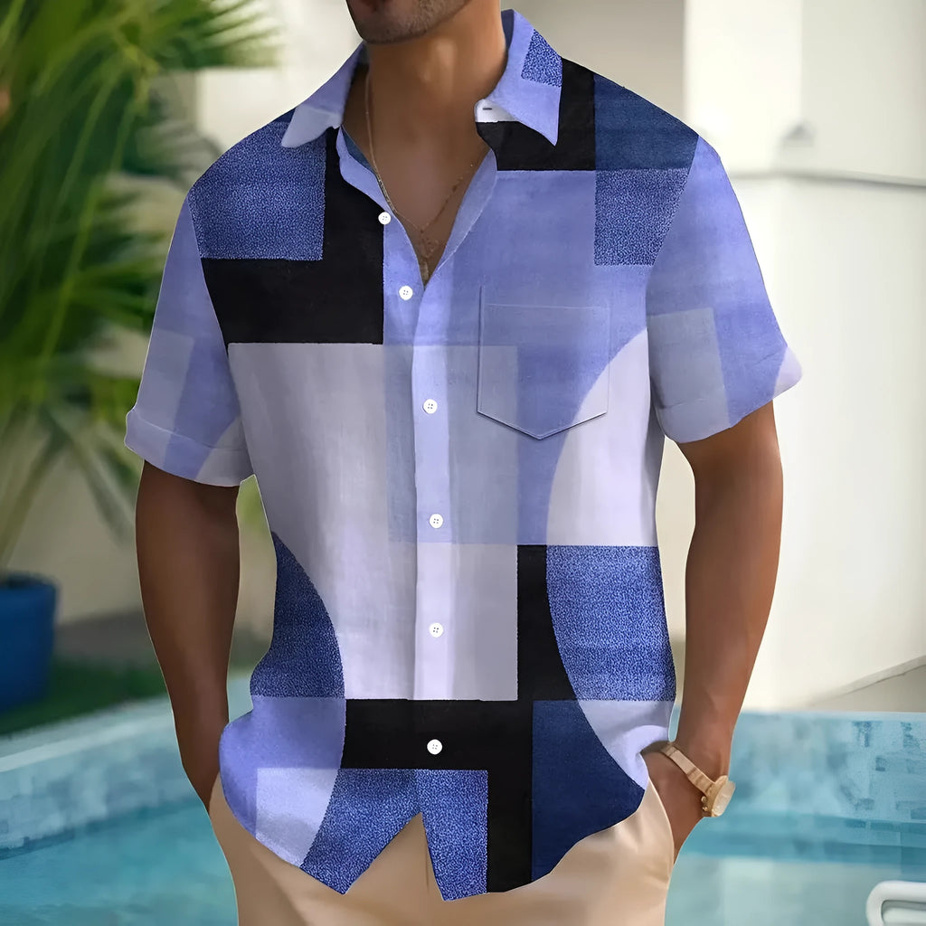 Man wearing a loose-fit short sleeve cardigan with a striped retro geometric pattern in contrasting colours.