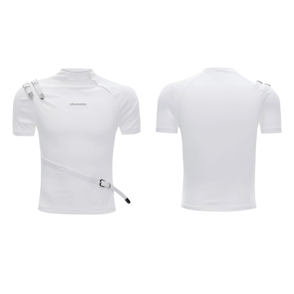 Men's slim fit cotton T-shirt with metal belt accent and small stand-up collar in black and white options