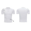 Men's slim fit cotton T-shirt with metal belt accent and small stand-up collar in black and white options