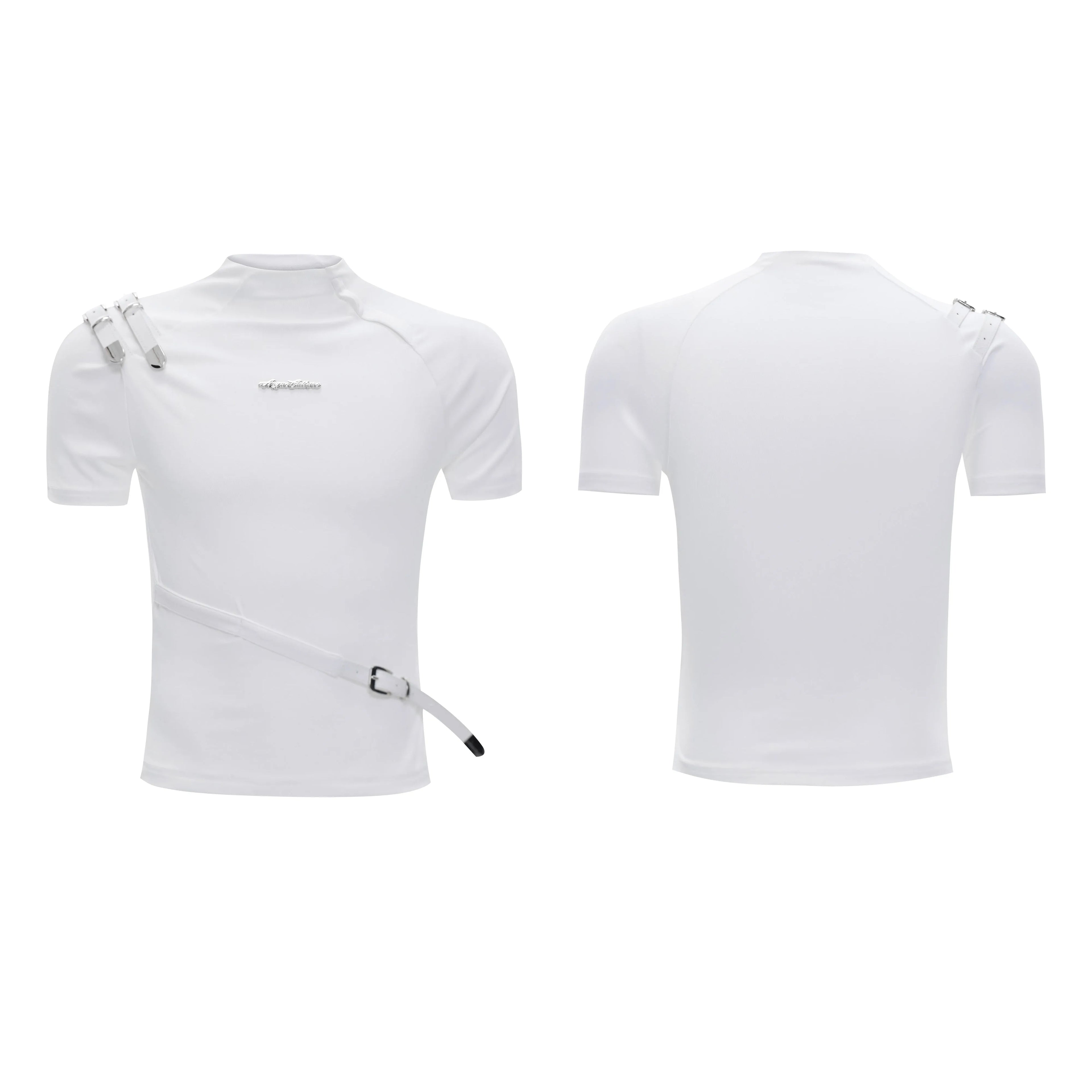 Men's slim fit cotton T-shirt with metal belt accent and small stand-up collar in black and white options
