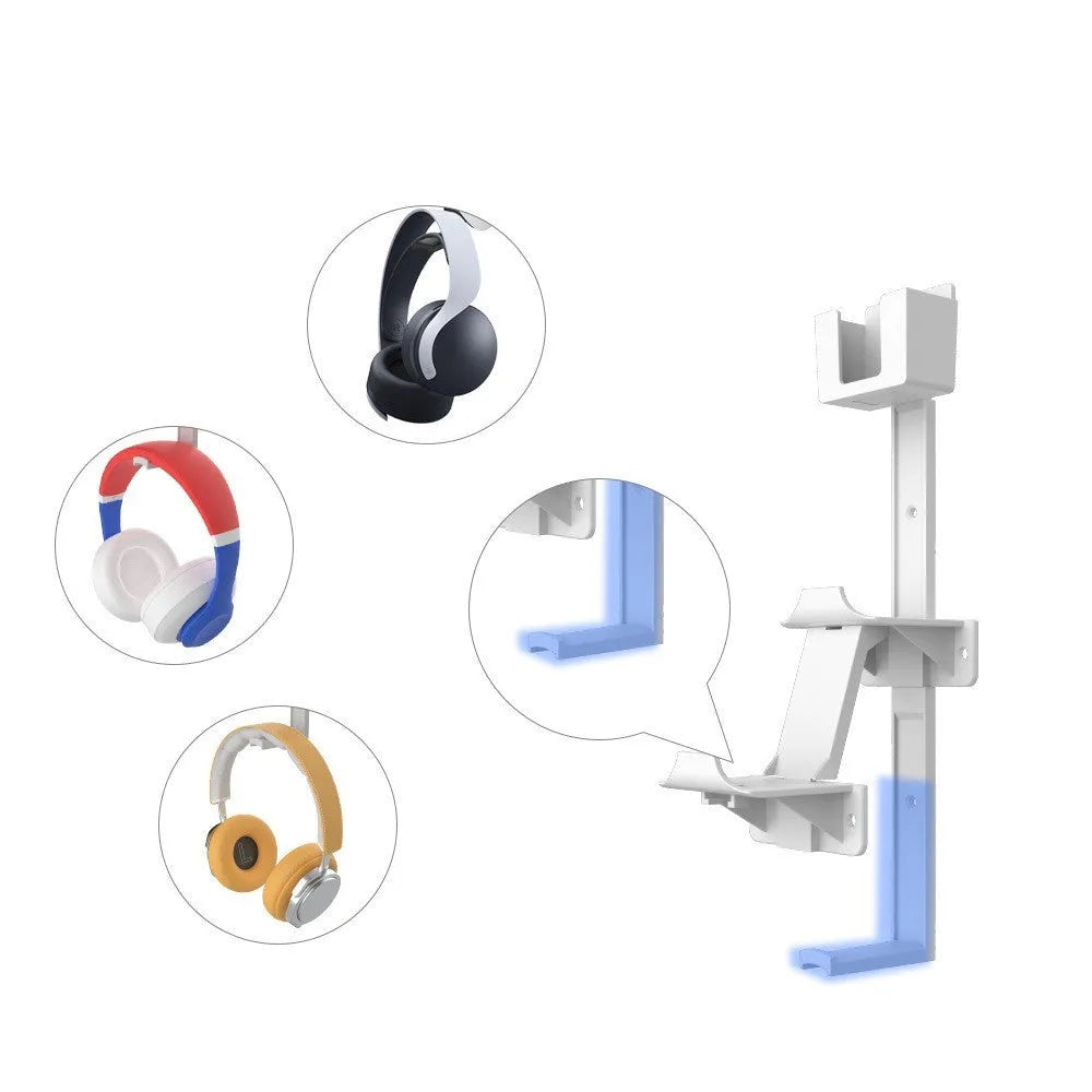 White ABS plastic wall hook holding a PS5 controller and headphones.
