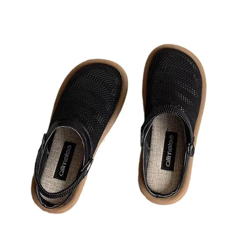 Beige linen slip-on shoes with a round toe and breathable mesh lining on a soft rubber sole.