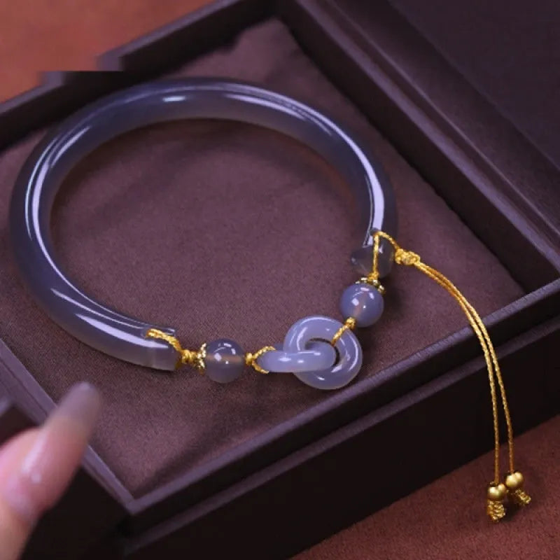 Women's agate half bracelet with ring buckle in smoke purple and grey colours