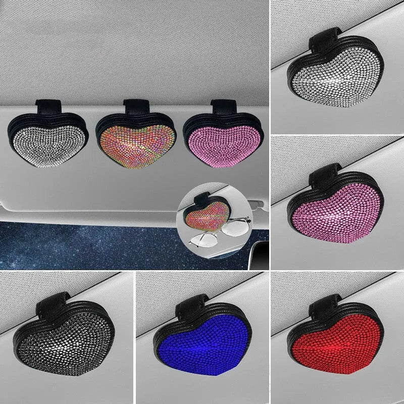 PU leather car sun visor clip with diamond pattern, holding sunglasses and cards.