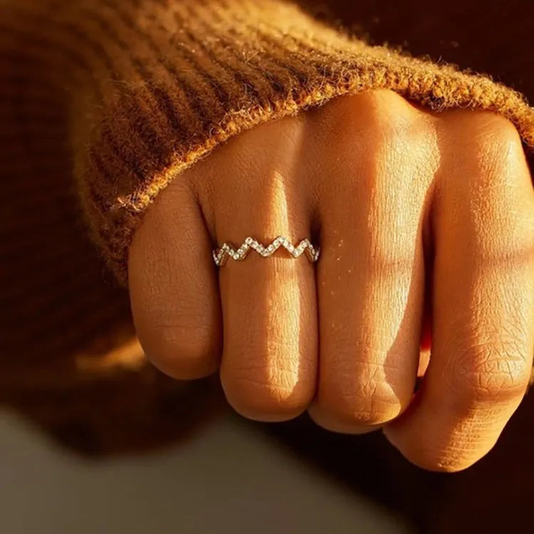 Wave pattern zircon inlaid ring in 925 silver, adjustable opening, gold colour finish, geometric wavy design