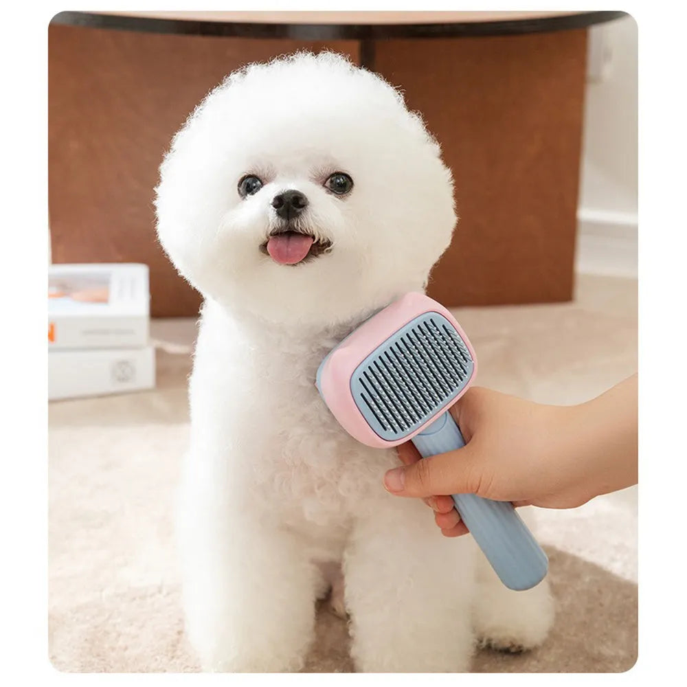 Blue double-sided pet grooming brush showing undercoat rake and dematting comb on a white background.