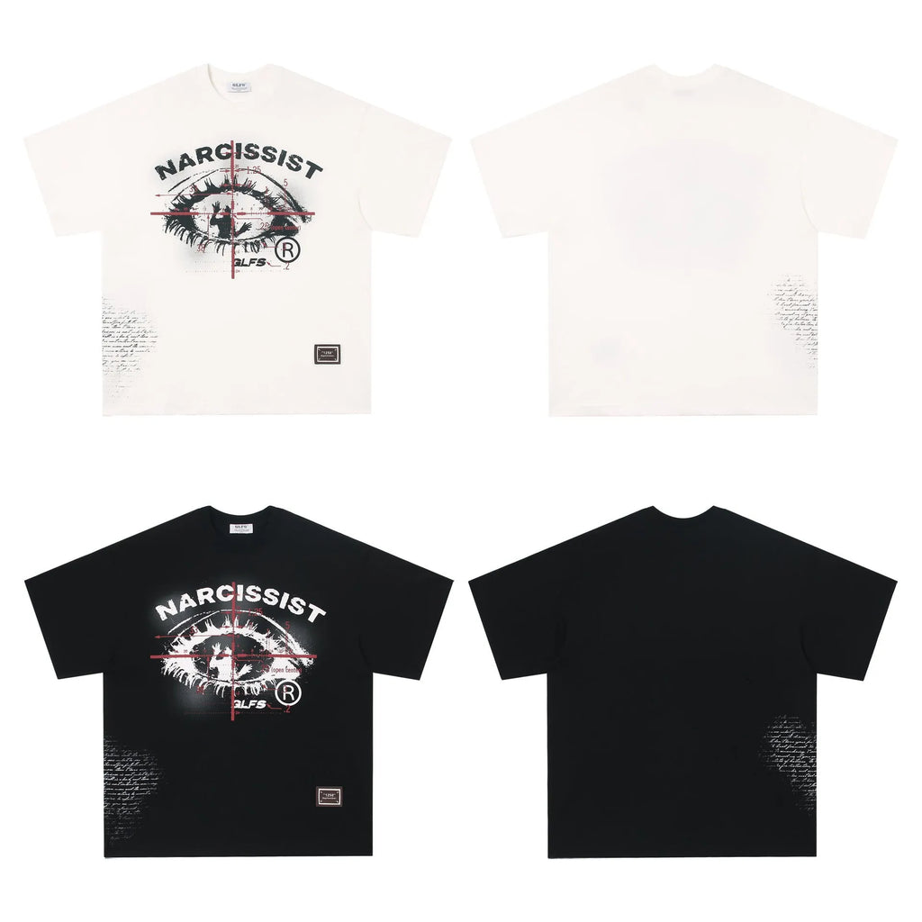 Pure cotton short sleeve t-shirt with American retro hip hop gothic letter pattern in black and white colours