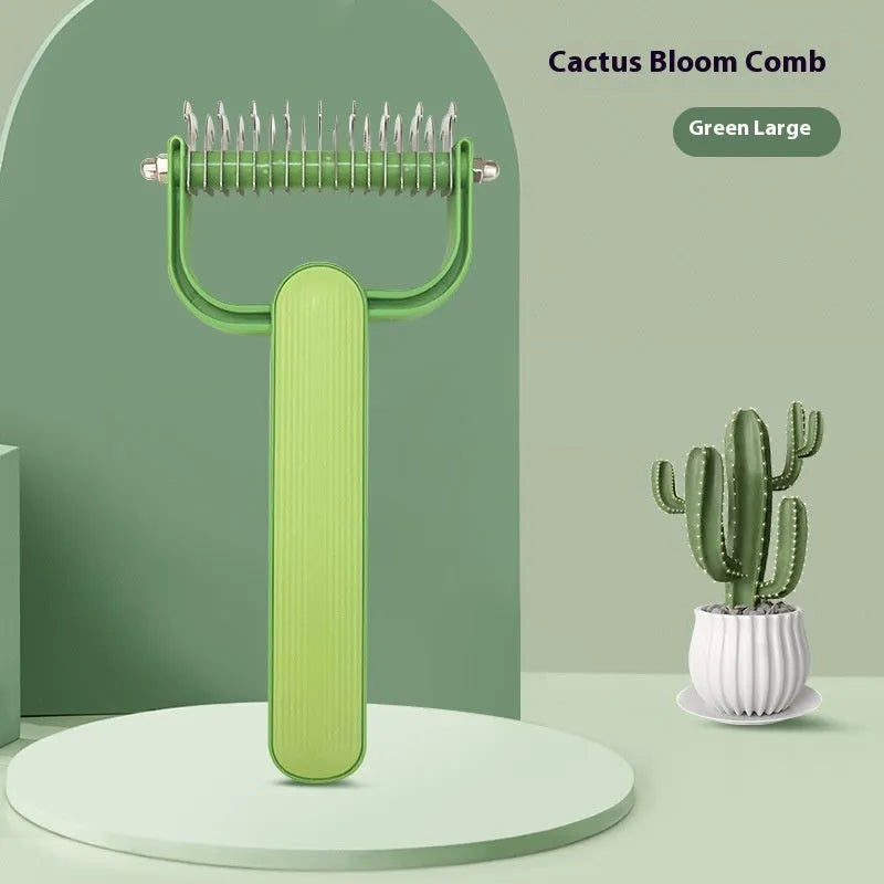 Green and grey dog unknotting combs showing large and small sizes with stainless steel pins.