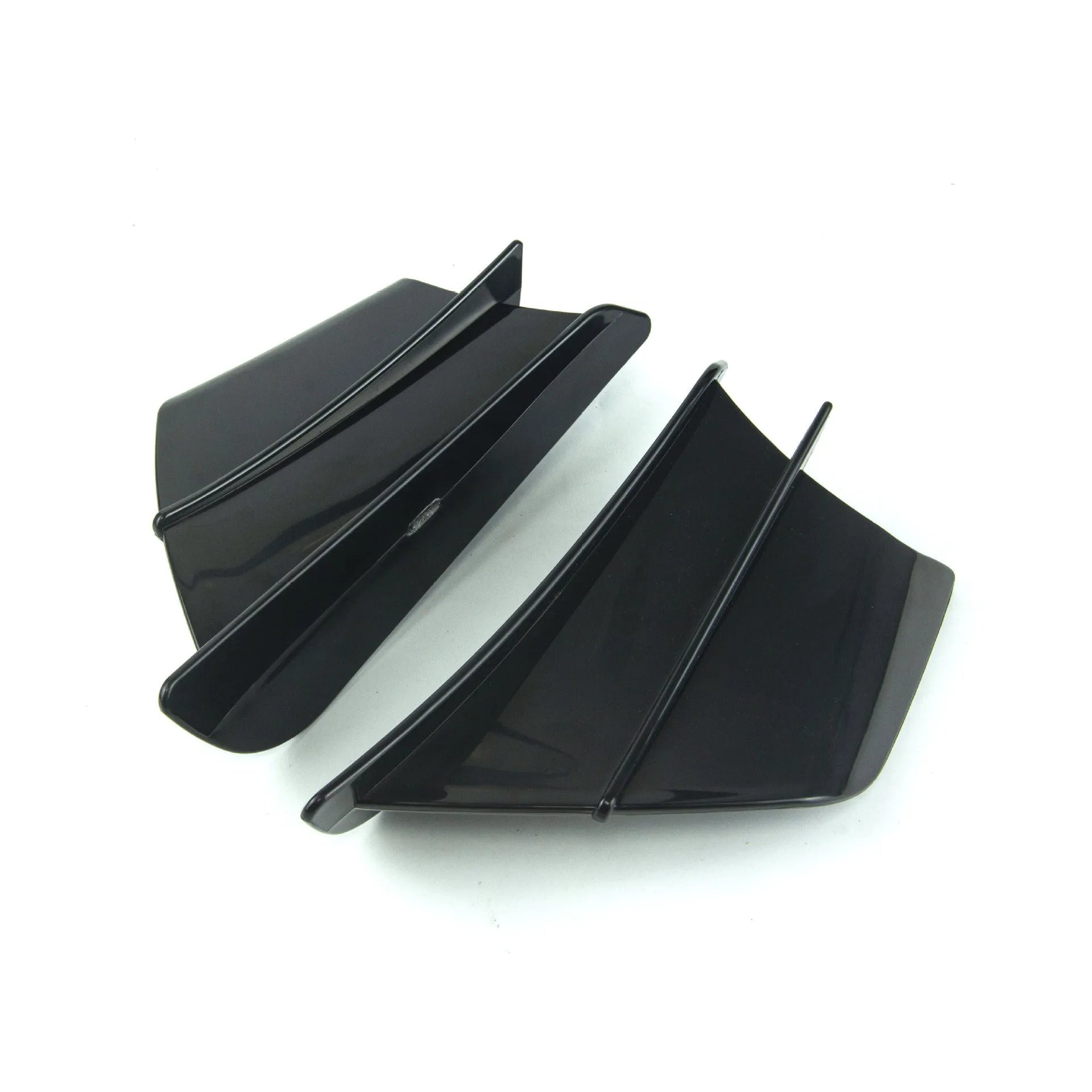 Motorcycle spoiler wing accessories in four different pattern finishes showing 18cm by 8cm dimensions