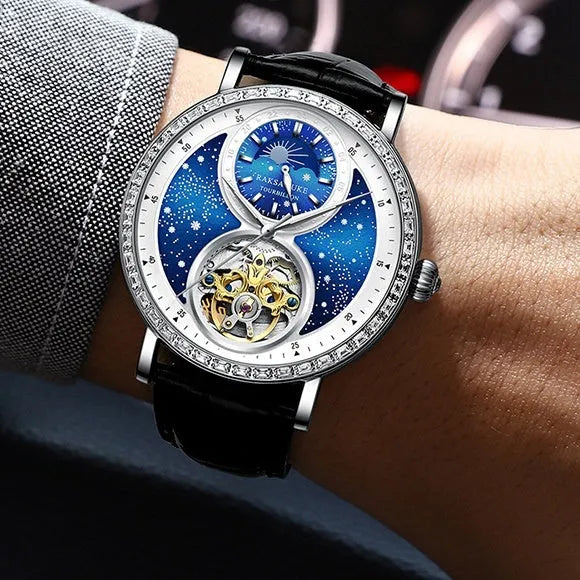 Automatic mechanical watch with black leather strap showing 14mm thick waterproof case on wrist