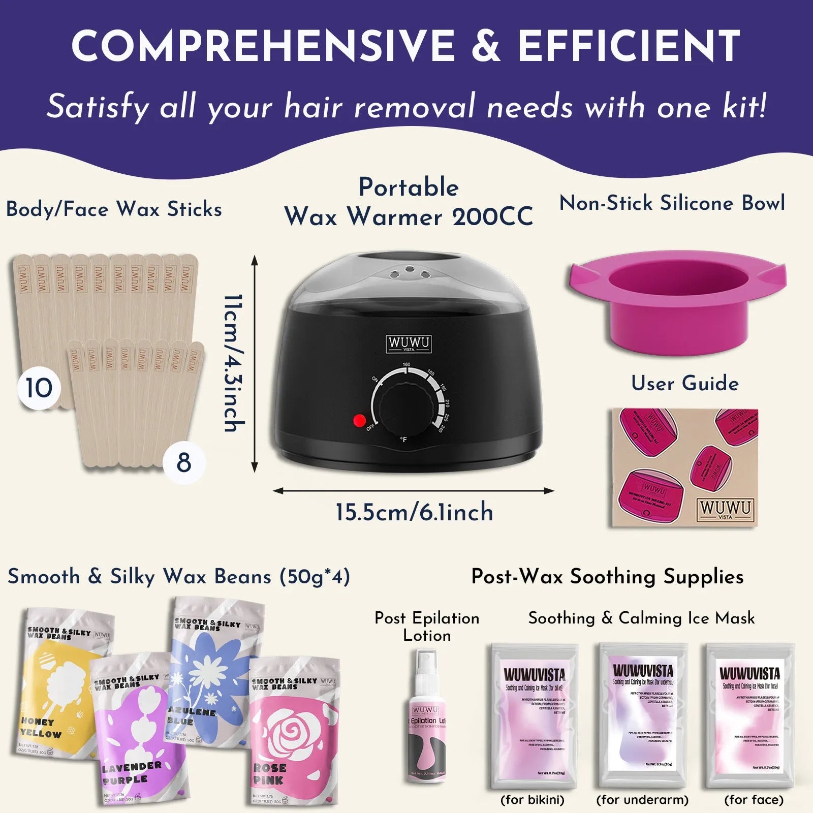 29-piece waxing kit with black warmer, wax beads, aftercare lotion, ice masks and wax sticks