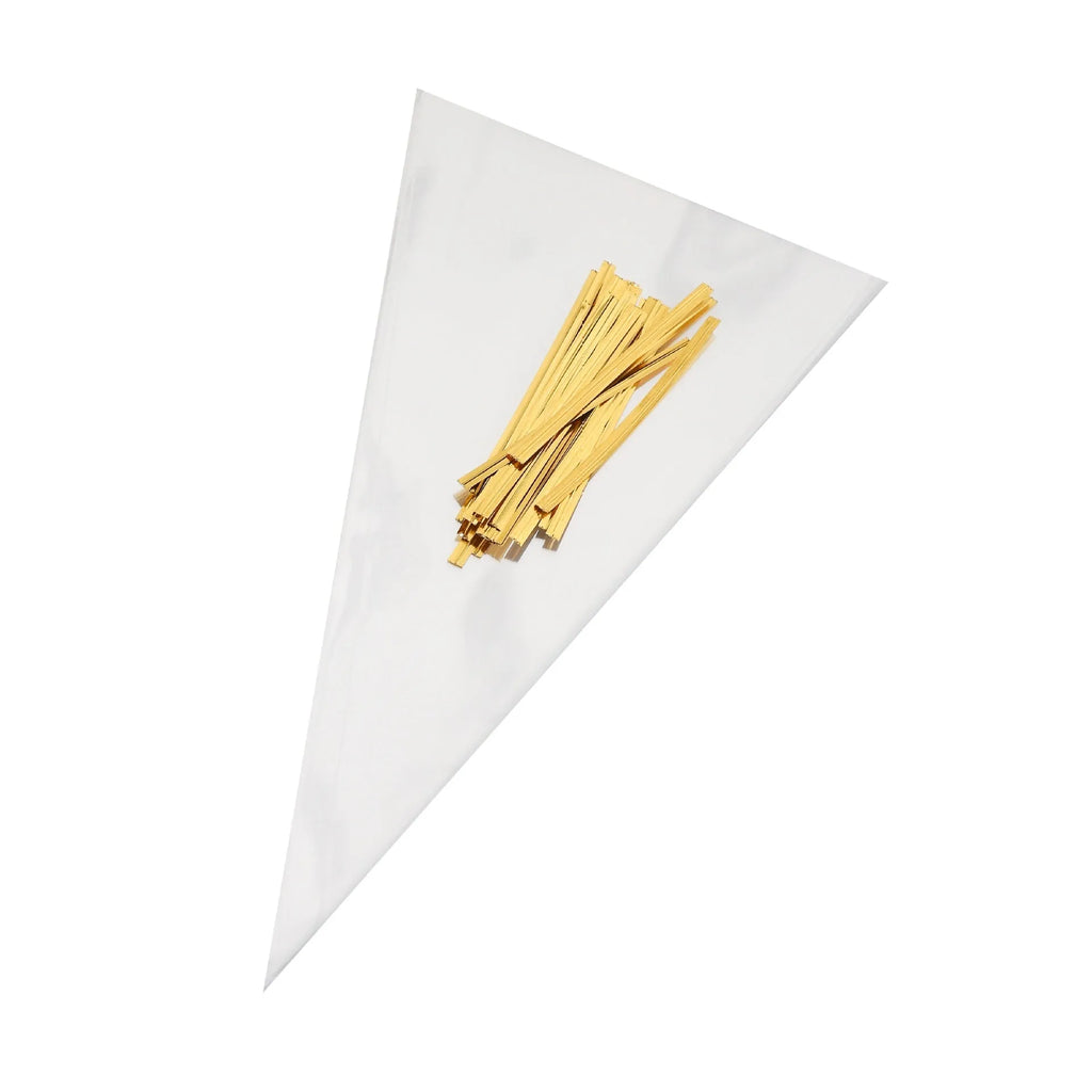 Clear triangle-shaped plastic packaging bag with a twisted top secured by a white tie wire.