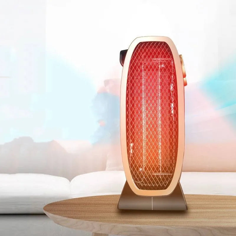 White electric fan heater with mechanical control dials on a dark background.
