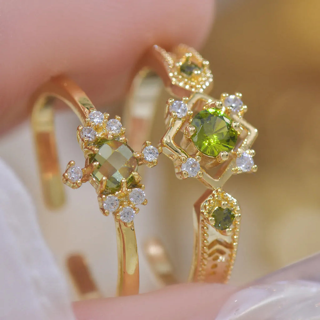 French style geometric open mouth copper ring with olive green or purple zircon detailing