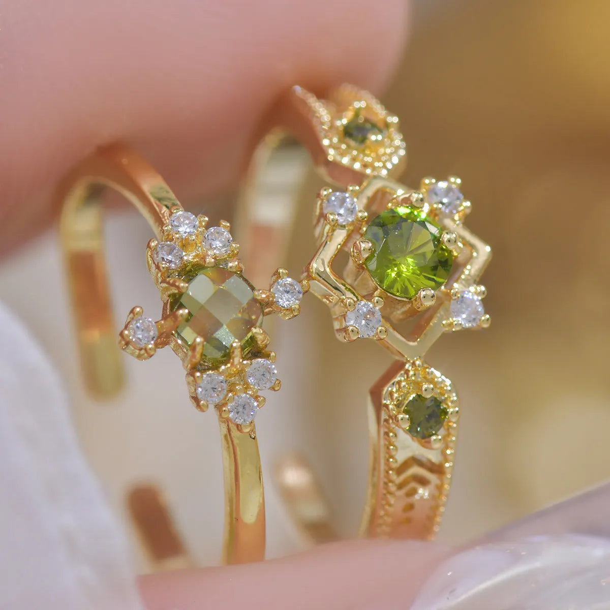 French style geometric open mouth copper ring with olive green or purple zircon detailing