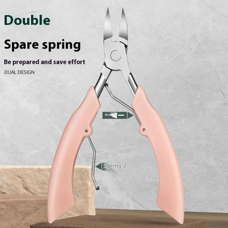 Stainless steel nail clippers with a coloured plastic handle and a dedicated bevel groove for the nail.