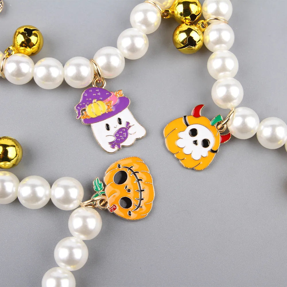 Halloween pet collar decoration with simulated pearl necklace design in purple ghost pumpkin pattern