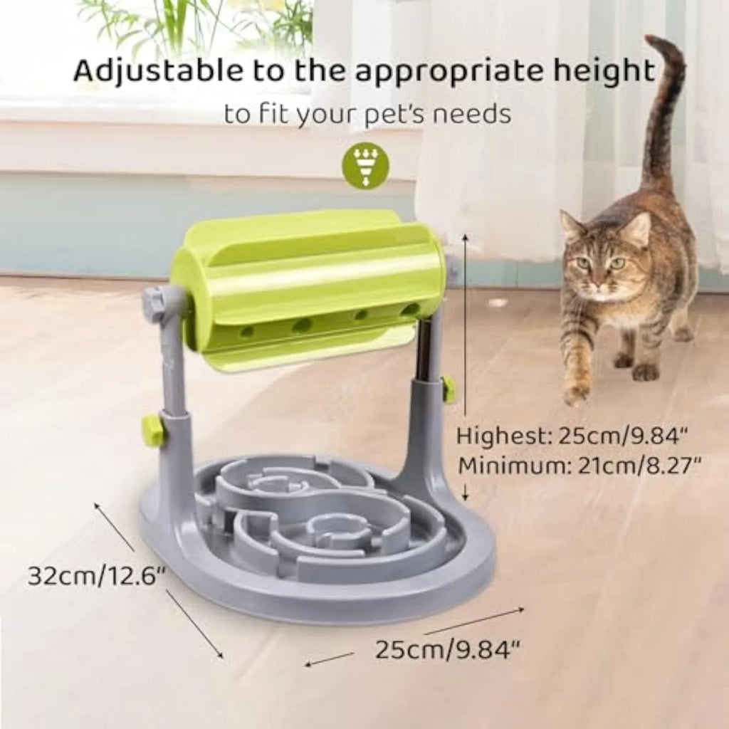 Blue interactive pet puzzle slow feeder bowl with raised patterns and adjustable height mechanism