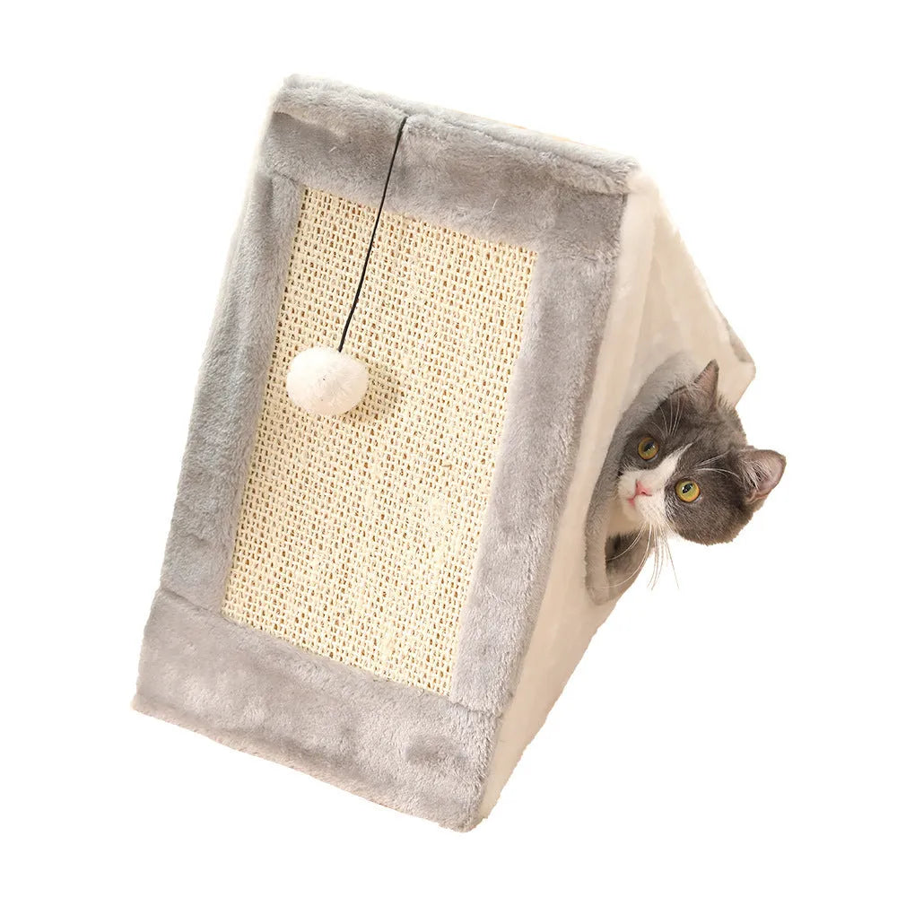 Triangle-shaped grey and white cat nest with integrated sisal scratching post.
