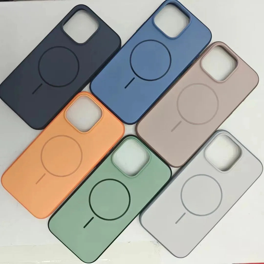 Frosted blue magnetic iPhone case with a built-in AI photography button on the side.