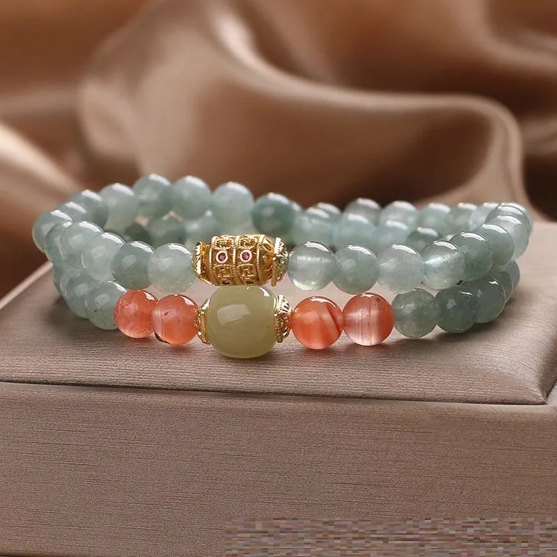 New Chinese style oil green jade and southern red agate beaded bracelet for women, light green round beads