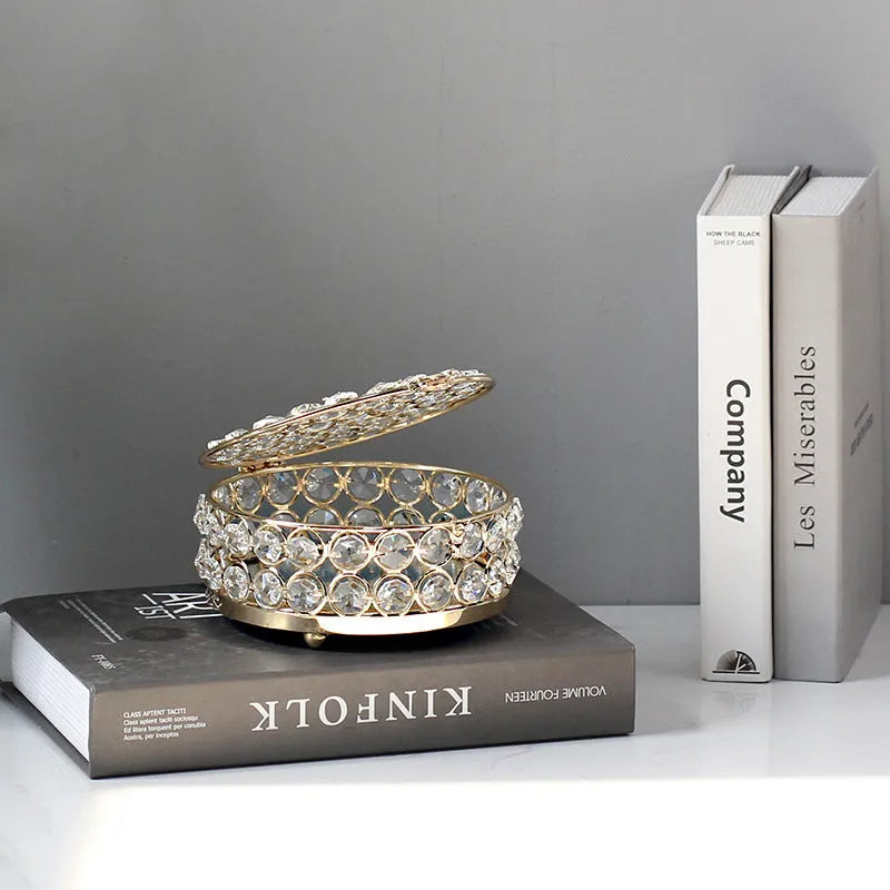 European-style French gold iron jewellery storage box with a transparent crystal glass lid.