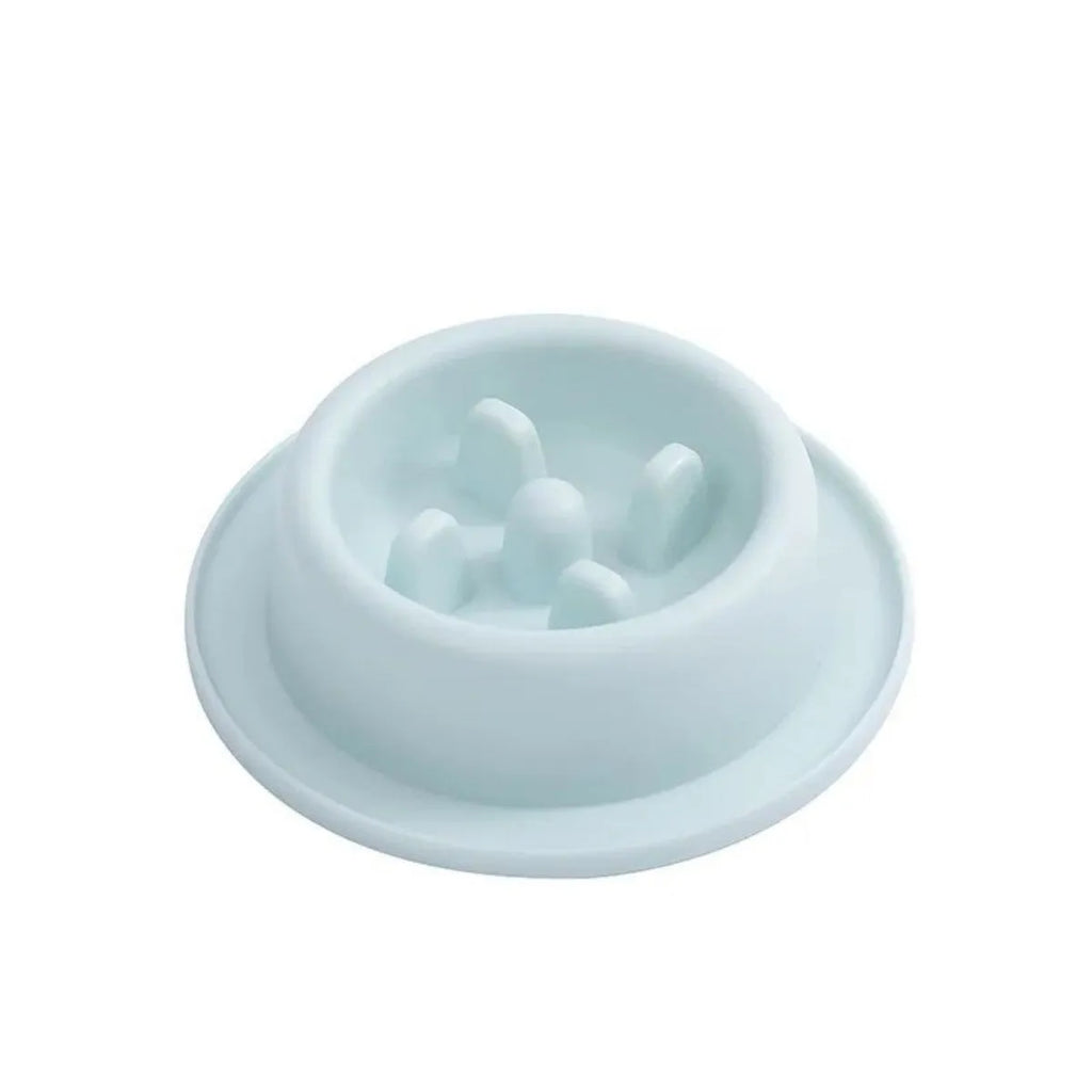 Round pet slow food bowl in blue with raised internal ridges, non-slip base, 17cm diameter
