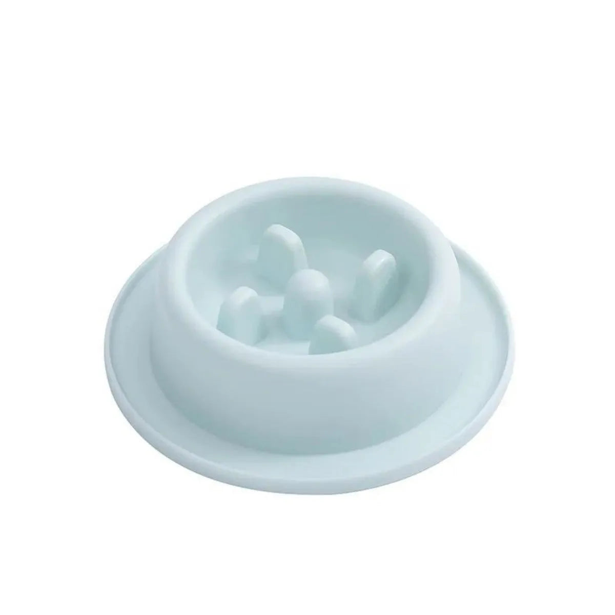 Round pet slow food bowl in blue with raised internal ridges, non-slip base, 17cm diameter