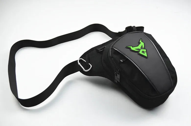 Motorcycle rider leg bag in 1200D Oxford cloth, shown in blue, mounted on a leg.