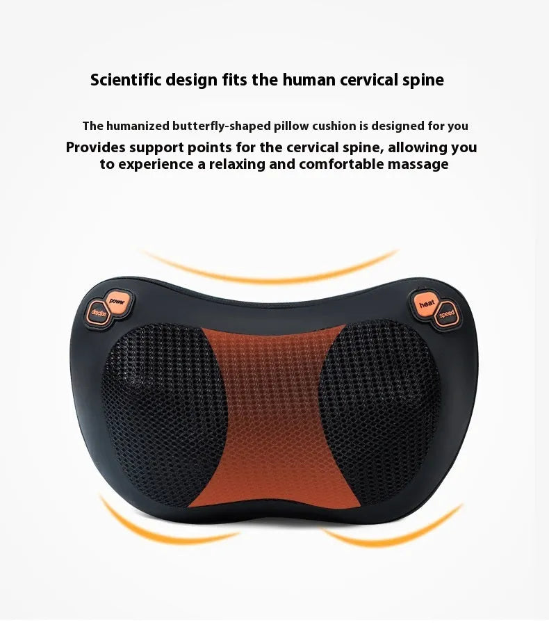 Black genuine leather neck and shoulder massage pillow with 8 massage heads, shown on a car seat.