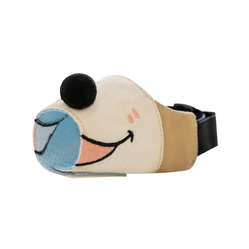 Canvas dog muzzle in Ollie Brown Bear and Bondi Blue Shark colours, showing sizes S, M, L, XL for different dog weights.