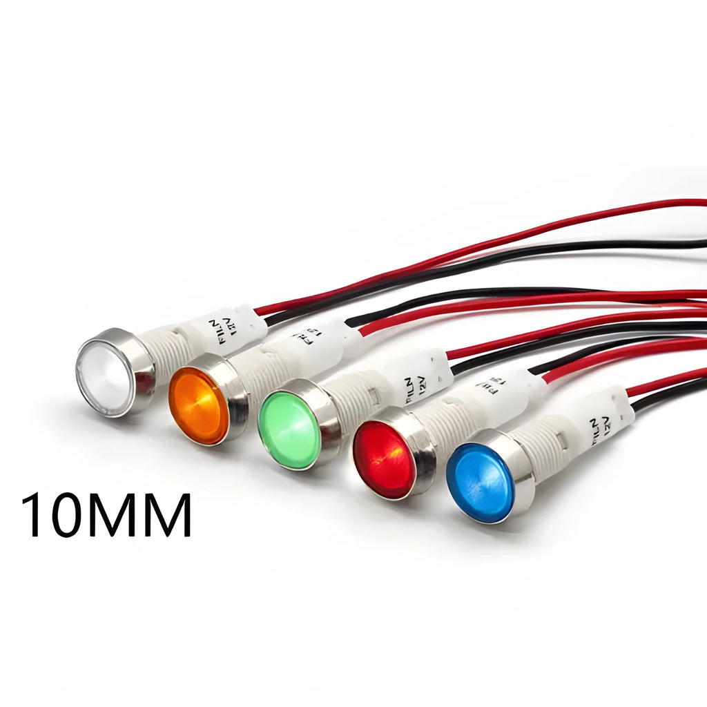 10mm plastic indicator light with stainless steel edge bezel and wire connector in one of five colours.