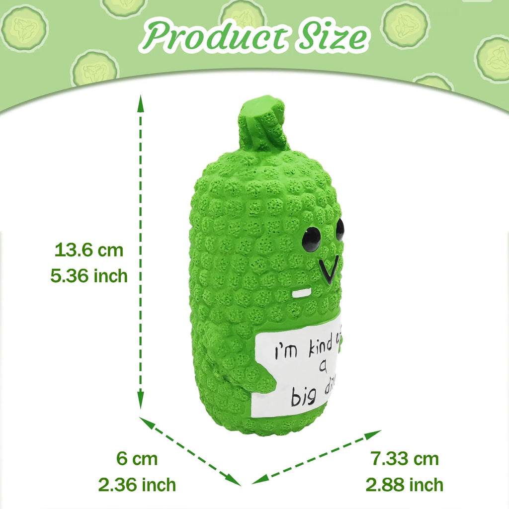 Green latex pickle dog chew toy with textured nubs and squeaker.