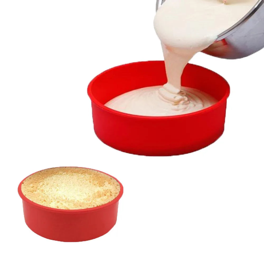 Red silicone round cake baking mould showing three size options: 8-inch, 6-inch and 4-inch