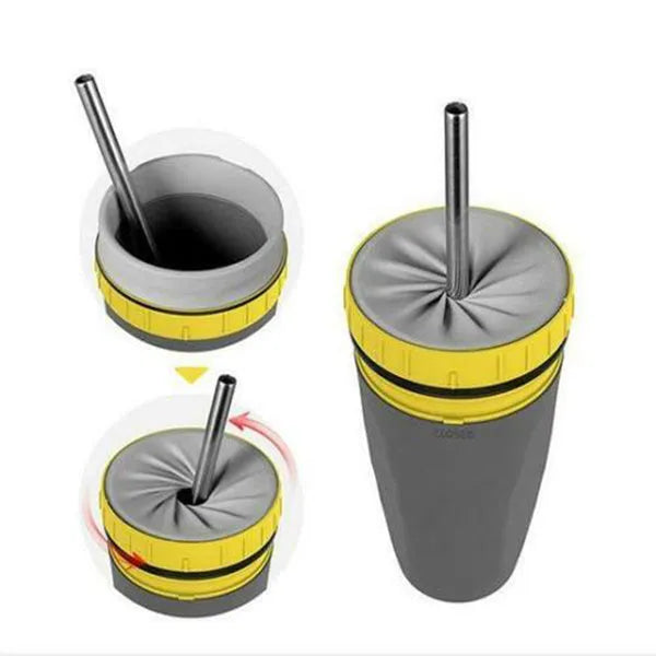 Double wall insulated travel mug with twist top silicone seal showing straw accommodation