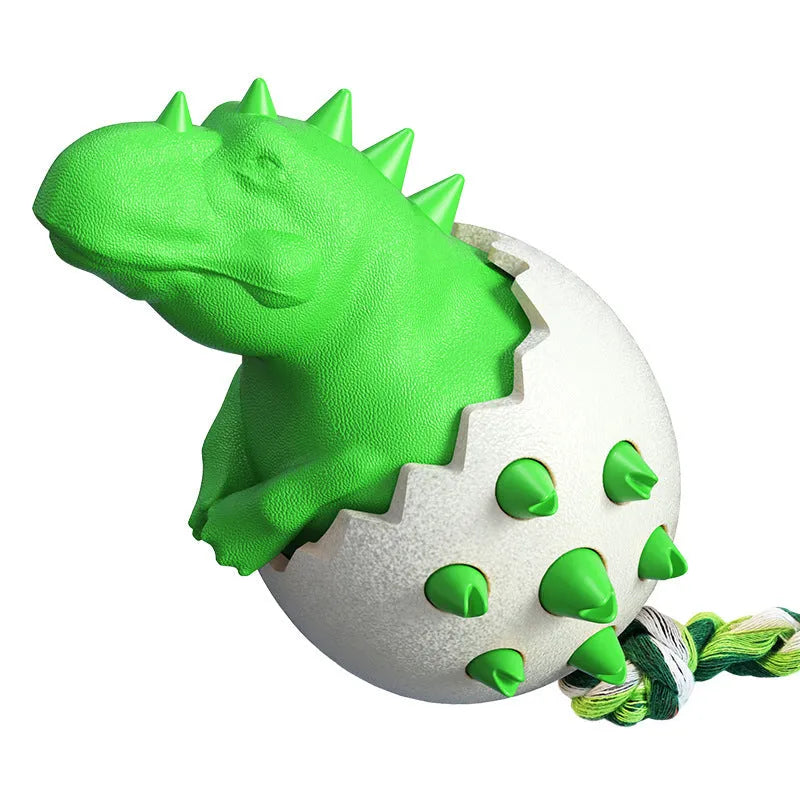 Blue durable dog chew toy shaped like a dinosaur with textured surface and rope, for aggressive chewers.