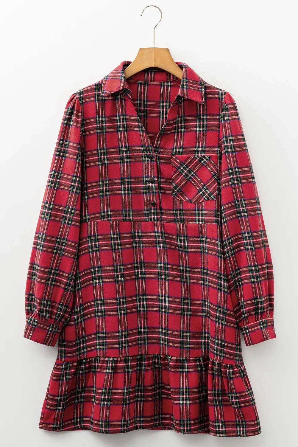 Red plaid mini dress with shirt collar, button front, long sleeves, and ruffle hem detail