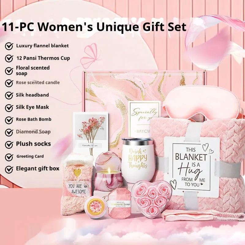 Modern plastic box containing an aromatherapy gift set with scented candles and soap bars.